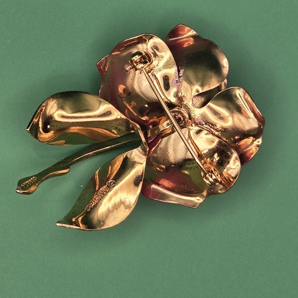 Vintage Rose Brooch Pin Gold-Tone Red Stamped Cerrito. - Picture 4 of 9